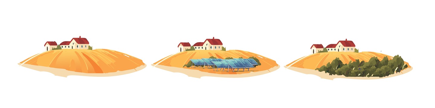Illustration af solcelleanlæg på mark med landsby, skov og vindmøller i baggrunden